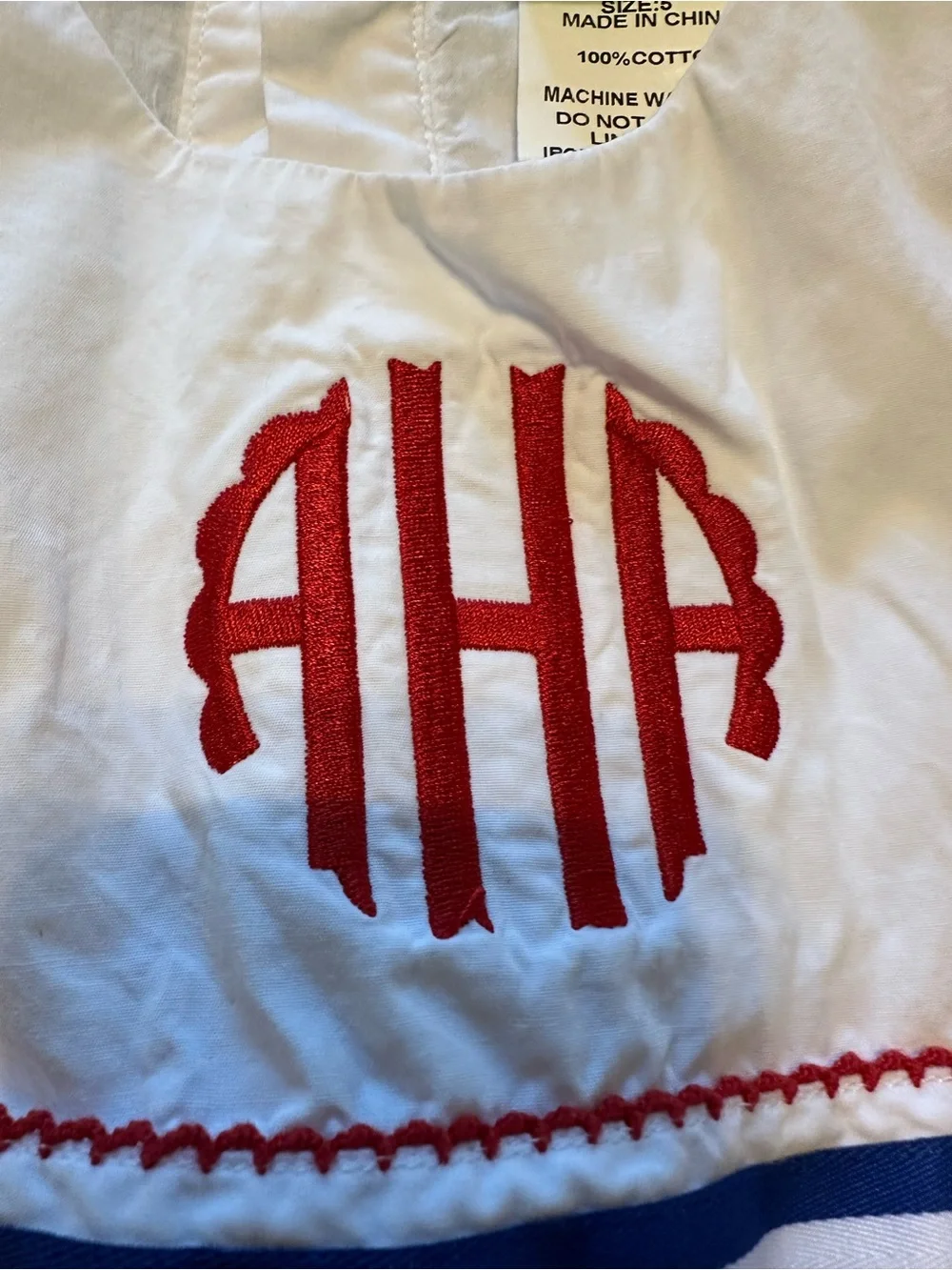 Red White & Blue Girls Size 5 monogrammed dress “AHA”
